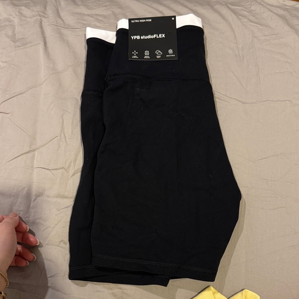 YPB studioFLEX High-Rise Black Workout Shorts with White Waistband